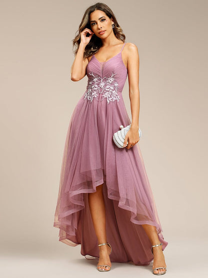 Weitese Stylish Floral Embroidered Waist High-Low Prom Dress