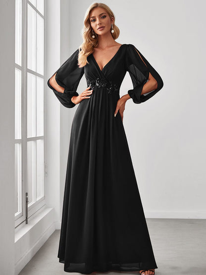 Weitese Elegant Chiffon V-Neckline Long Sleeve Formal Evening Dress