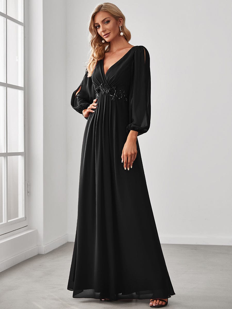 Weitese Elegant Chiffon V-Neckline Long Sleeve Formal Evening Dress