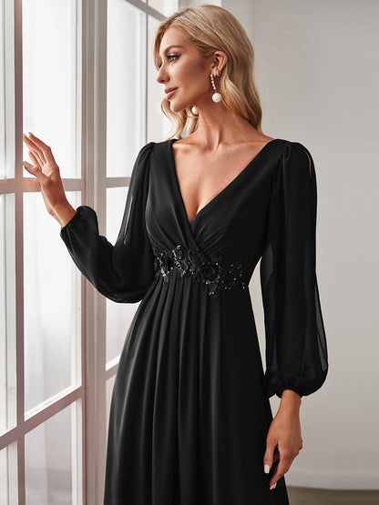 Weitese Elegant Chiffon V-Neckline Long Sleeve Formal Evening Dress