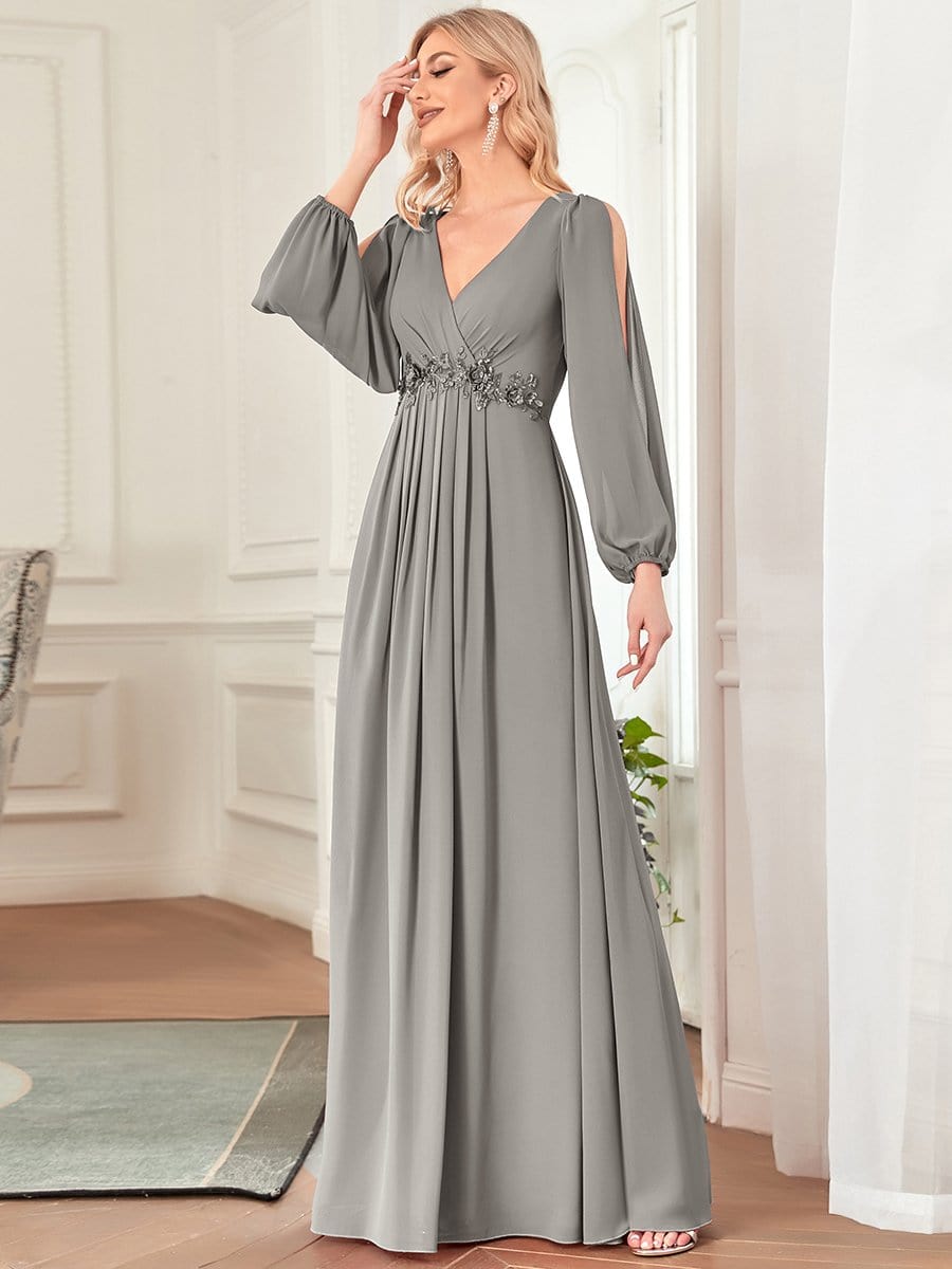 Weitese Elegant Chiffon V-Neckline Long Sleeve Formal Evening Dress