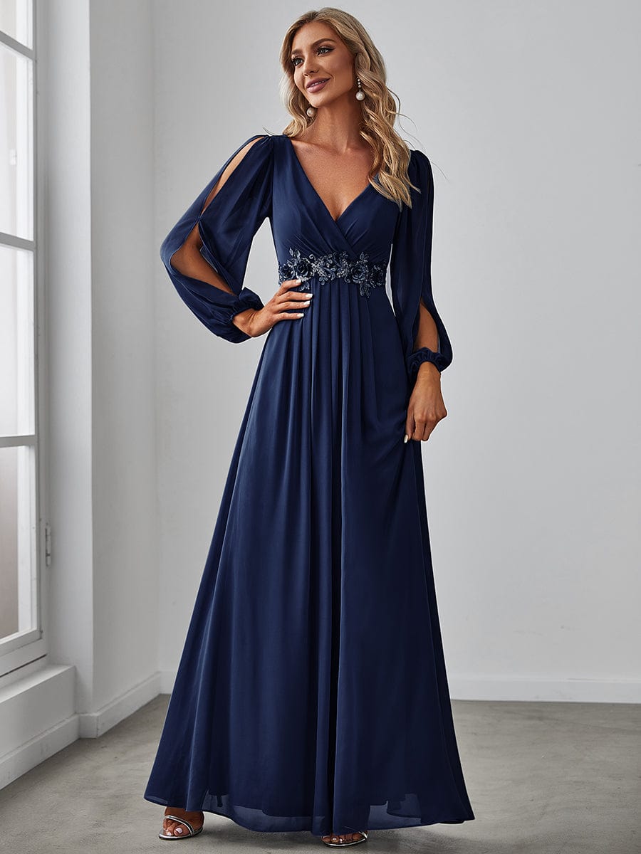 Weitese Elegant Chiffon V-Neckline Long Sleeve Formal Evening Dress