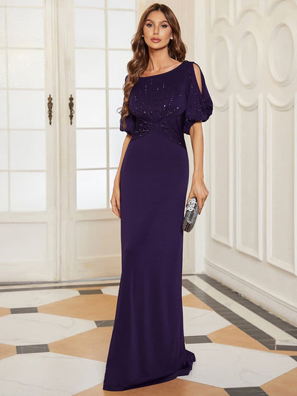 Weitese Trendy Round Neck Bodycon Wedding Guest Dress with Sleeves