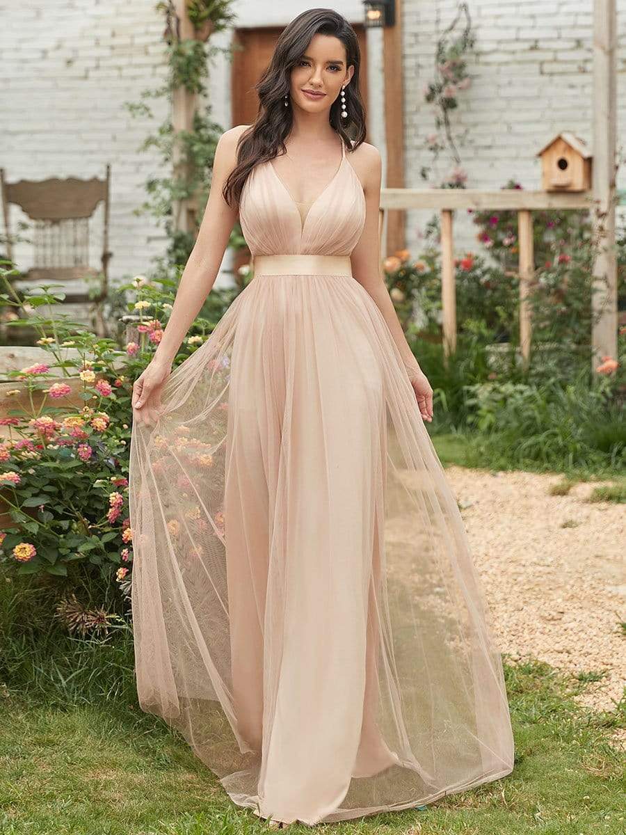 Weitese Sexy V-neck Open Back Pleated Maxi Tulle Bridesmaid Dresses