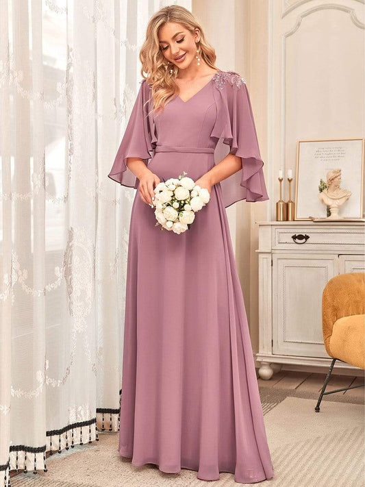 Weitese Elegant V Neck Flowy Chiffon Bridesmaid Dresses with Wraps