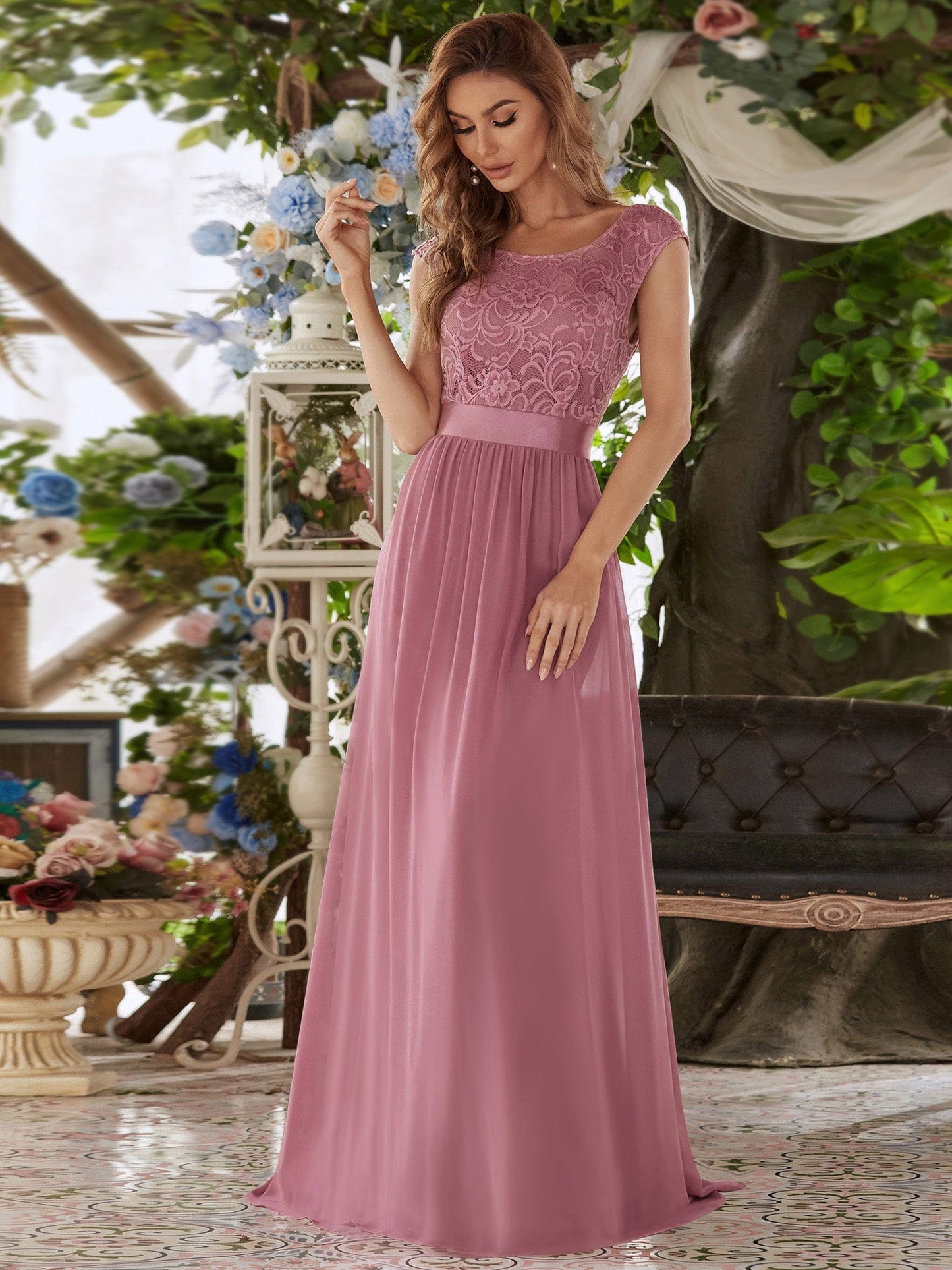 Weitese Classic Round Neck V Back Lace Bodice Bridesmaid Dress