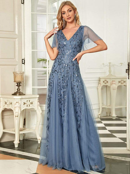 Weitese Shimmery V Neck Ruffle Sleeves Sequin Maxi Long Evening Dress