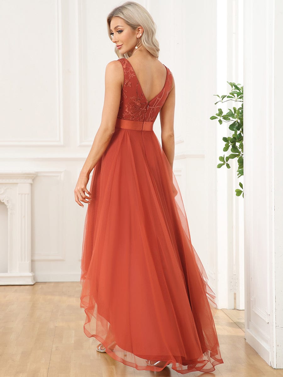 Weitese Sleeveless V-back Tulle High-Low Sequin Appliques Evening Dresses