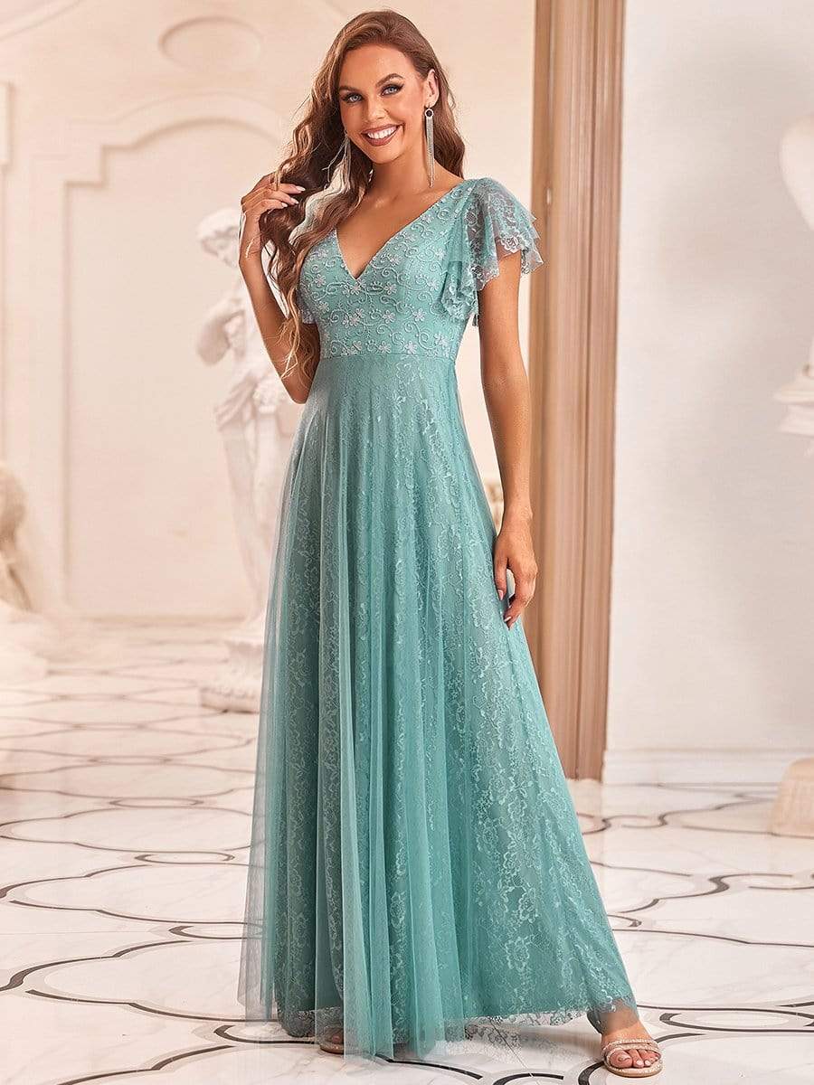 Weitese Double V Neck Long Lace Evening Dress with Ruffle Sleeves