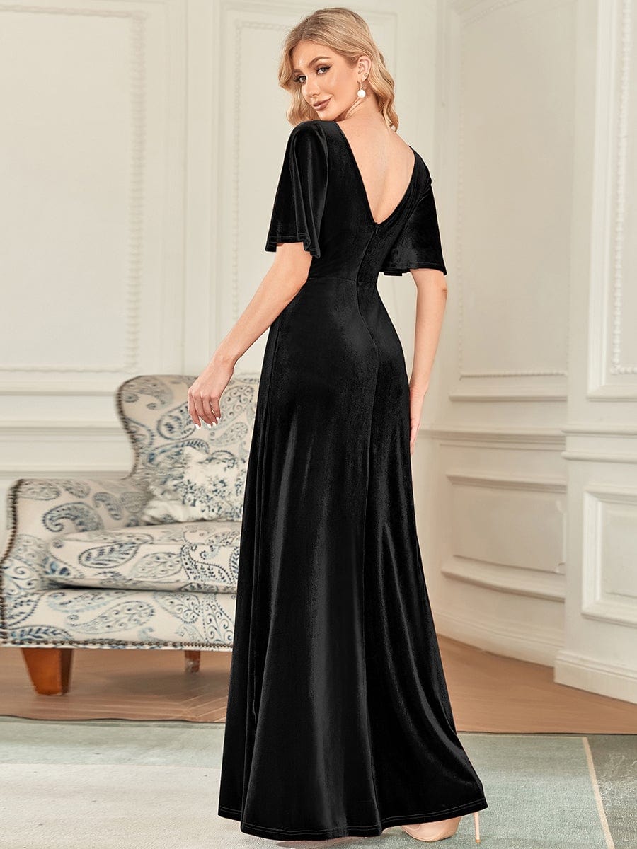 Weitese Elegant Double V Neck Velvet Party Dress with Sleeves