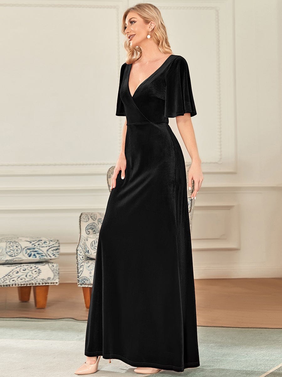 Weitese Elegant Double V Neck Velvet Party Dress with Sleeves