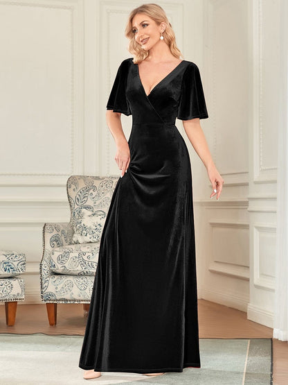 Weitese Elegant Double V Neck Velvet Party Dress with Sleeves