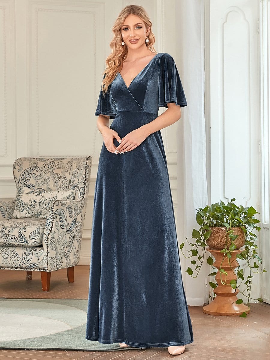 Weitese Elegant Double V Neck Velvet Party Dress with Sleeves