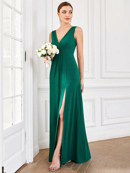 Weitese Floor Length V Neck Shiny Evening Dress with Side Slit