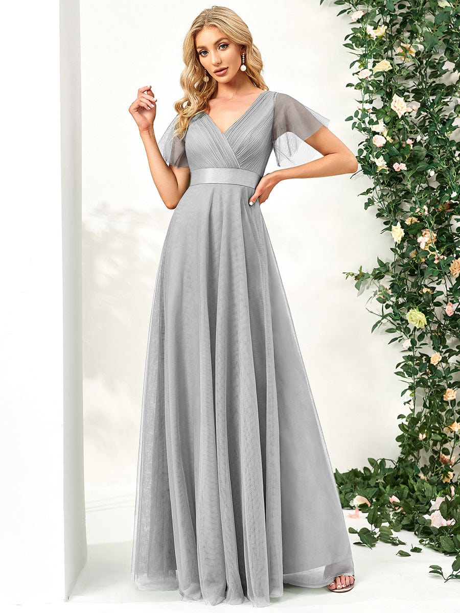 Weitese V-Neck Floor-Length Short Sleeve Tulle Bridesmaid Dresses