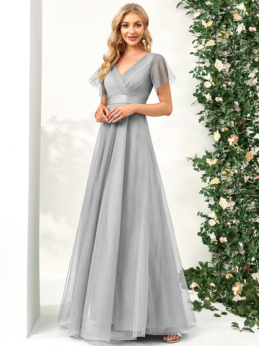 Weitese V-Neck Floor-Length Short Sleeve Tulle Bridesmaid Dresses