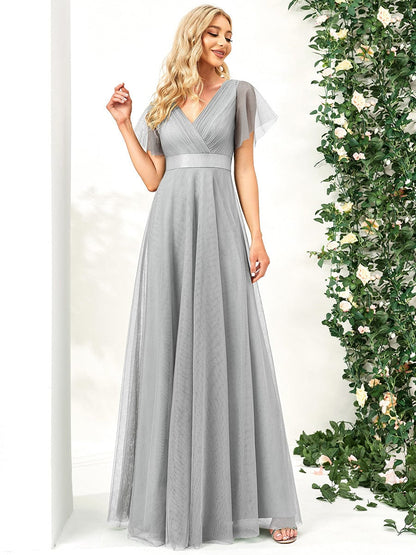 Weitese V-Neck Floor-Length Short Sleeve Tulle Bridesmaid Dresses