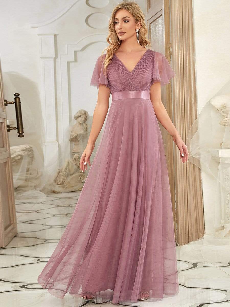 Weitese V-Neck Floor-Length Short Sleeve Tulle Bridesmaid Dresses