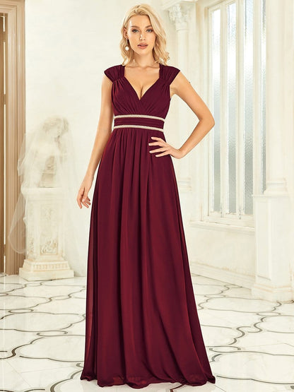 Weitese V-Neck Sleeveless Beaded Belt Chiffon A-Line Evening Dress