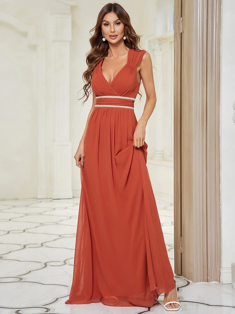 Weitese V-Neck Sleeveless Beaded Belt Chiffon A-Line Evening Dress