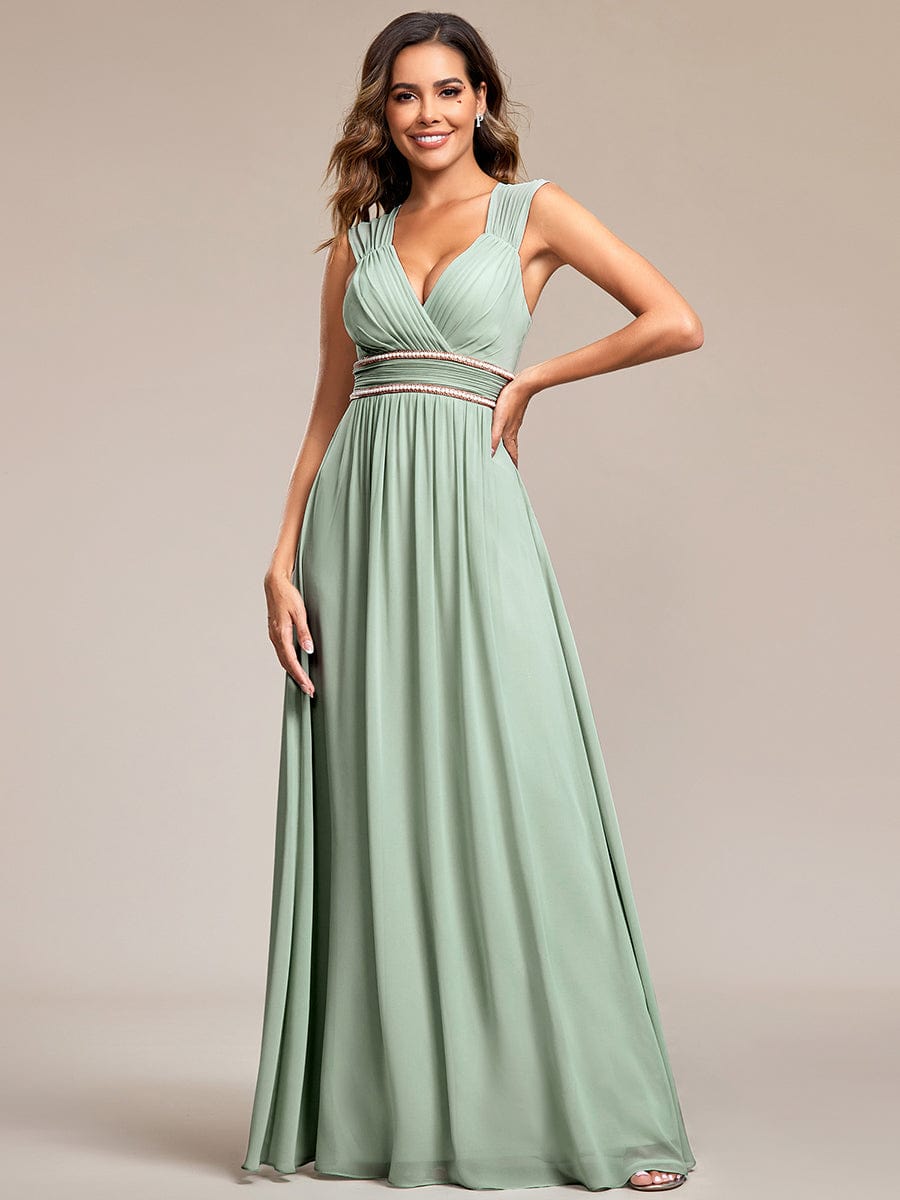 Weitese V-Neck Sleeveless Beaded Belt Chiffon A-Line Evening Dress