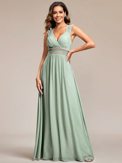 Weitese V-Neck Sleeveless Beaded Belt Chiffon A-Line Evening Dress