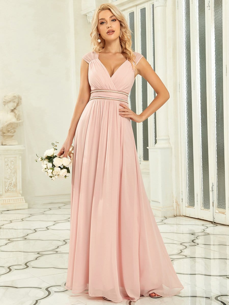 Weitese V-Neck Sleeveless Beaded Belt Chiffon A-Line Evening Dress