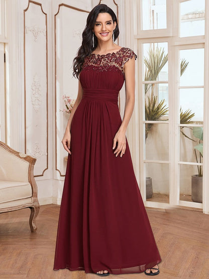 Weitese Elegant Lace Cap Sleeve Maxi Long Chiffon Bridesmaid Dress