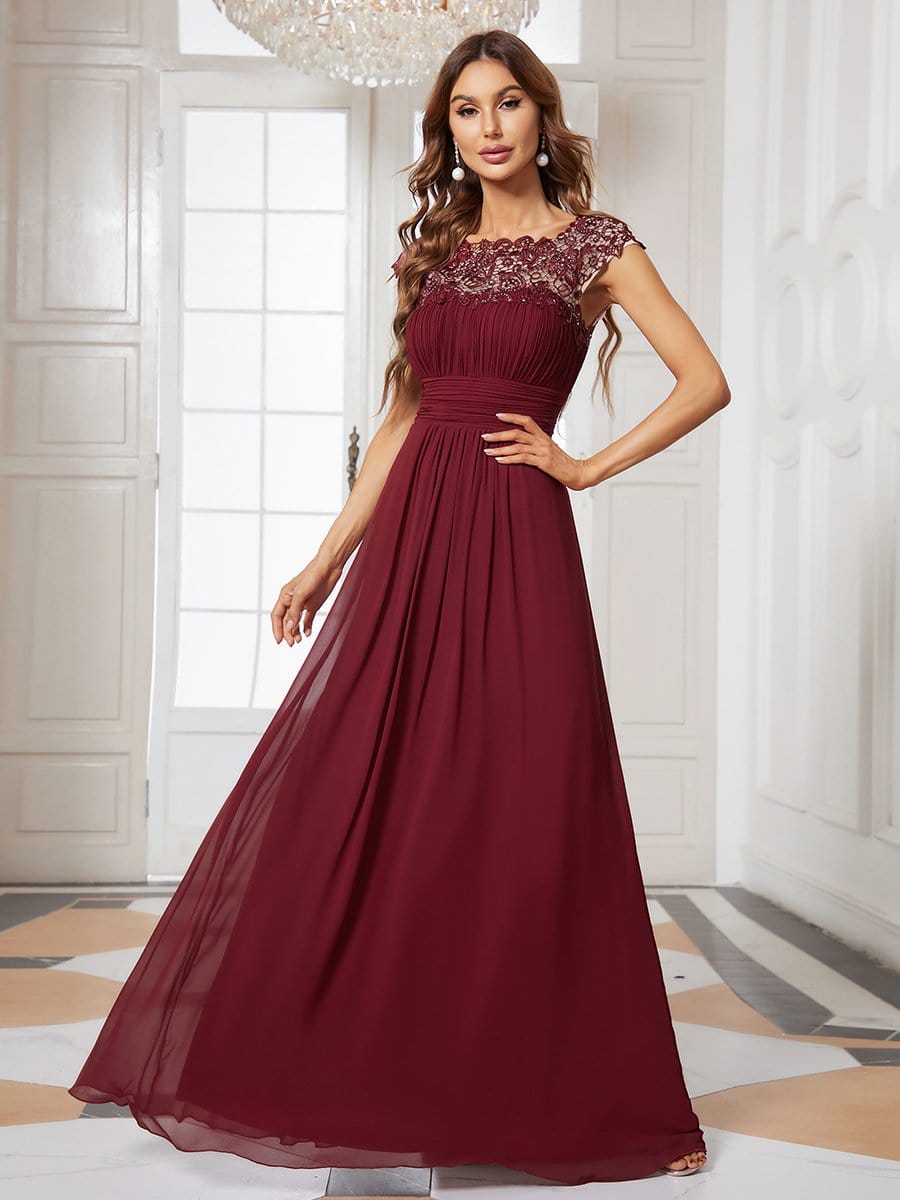 Weitese Elegant Lace Cap Sleeve Maxi Long Chiffon Bridesmaid Dress