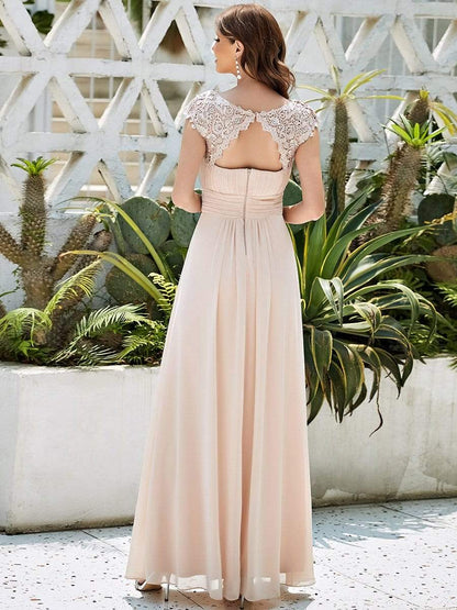 Weitese Elegant Maxi Long Lace Bridesmaid Dress with Cap Sleeve