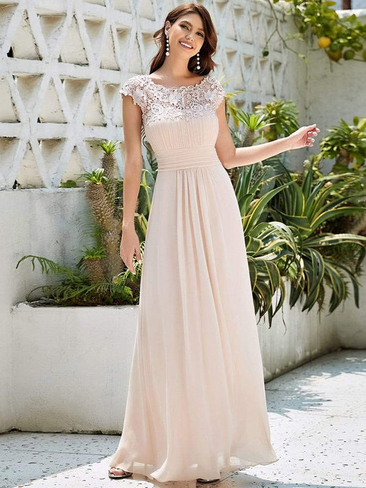 Weitese Elegant Maxi Long Lace Bridesmaid Dress with Cap Sleeve