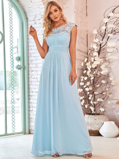 Weitese Elegant Lace Cap Sleeve Maxi Long Chiffon Bridesmaid Dress