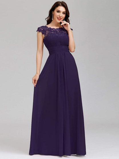 Weitese Elegant Lace Cap Sleeve Maxi Long Chiffon Bridesmaid Dress