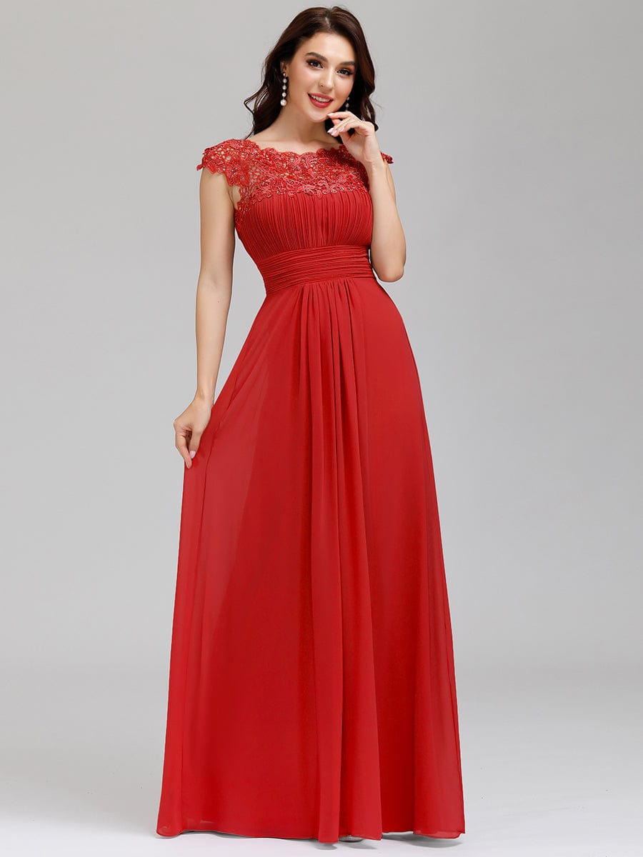 Weitese Elegant Floor-Length Lace Cap Sleeve Bridesmaid Dress