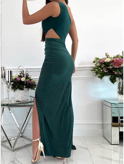 Women‘s Party Dress Homecoming Dress Long Dress Maxi Dress Green Red Beige Sleeveless One Shoulder Pure Color Patchwork Spring Summer Dress