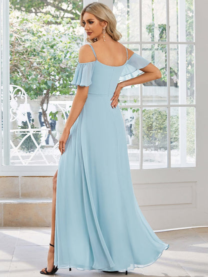 Weitese Flowy Cold Shoulder Flare Sleeves Bridesmaid Dress with Side Slit