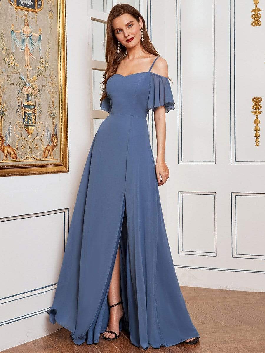 Weitese Stylish Cold Shoulder Flare Sleeves Flowy Bridesmaid Dress