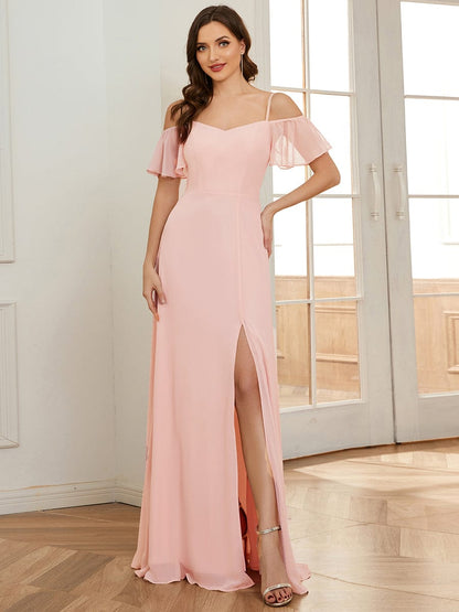 Weitese Stylish Cold Shoulder Flare Sleeves Flowy Bridesmaid Dress