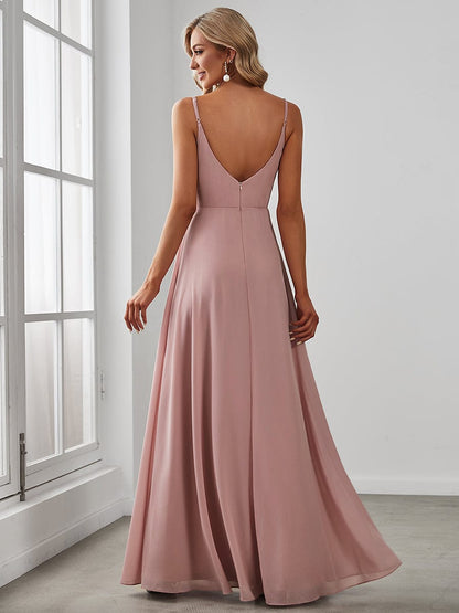 Weitese Pleated V-Neck Spaghetti Strap High Slit Bridesmaid Dress