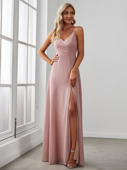 Weitese Pleated V-Neck Spaghetti Strap High Slit Bridesmaid Dress