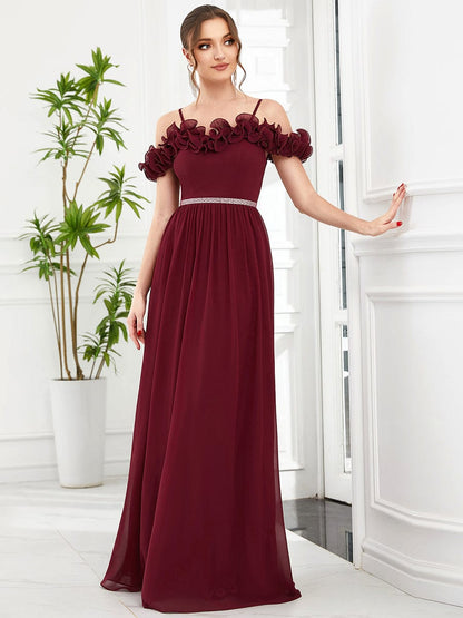 Weitese Ruffled Spaghetti Strap Sequin Waist Cold Shoulder Chiffon Bridesmaid Dress