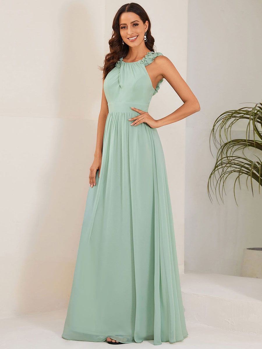 Weitese Floral Applique Sleeveless Pleated Chiffon Bridesmaid Dress