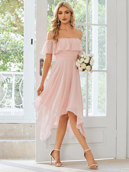 Weitese Chiffon Flowy Off-The-Shoulder Bridesmaid Asymmetrical Dress