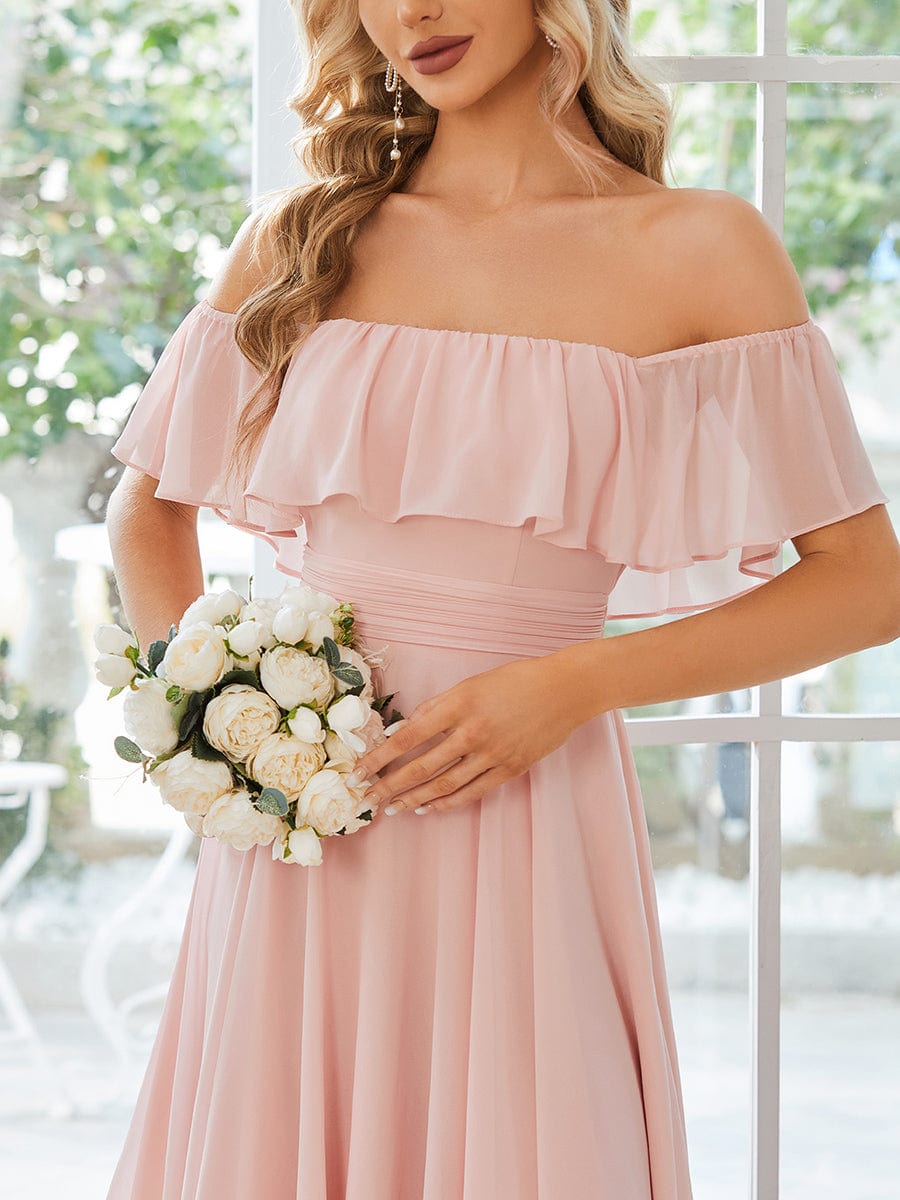 Weitese Chiffon Flowy Off-The-Shoulder Bridesmaid Asymmetrical Dress