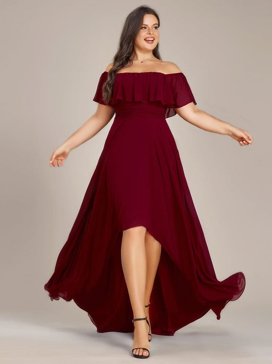 Weitese Plus Size Flowy Chiffon High-Low Off The Shoulder Bridesmaid Dress