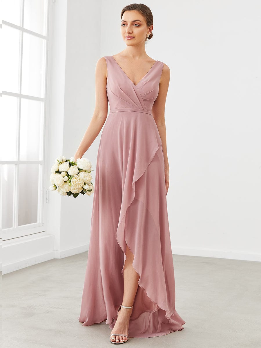 Weitese Chiffon Ruffled Hem Front Slit V-Neck Sleeveless Bridesmaid Dress