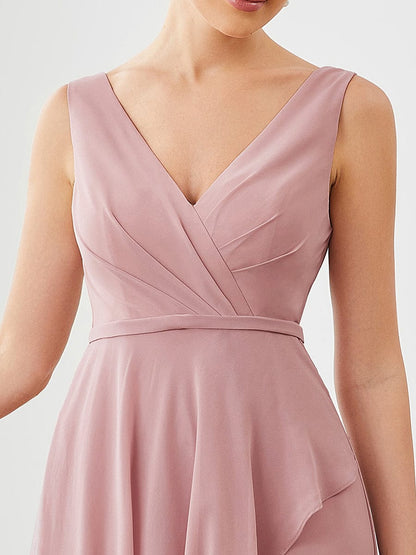 Weitese Chiffon Ruffled Hem Front Slit V-Neck Sleeveless Bridesmaid Dress