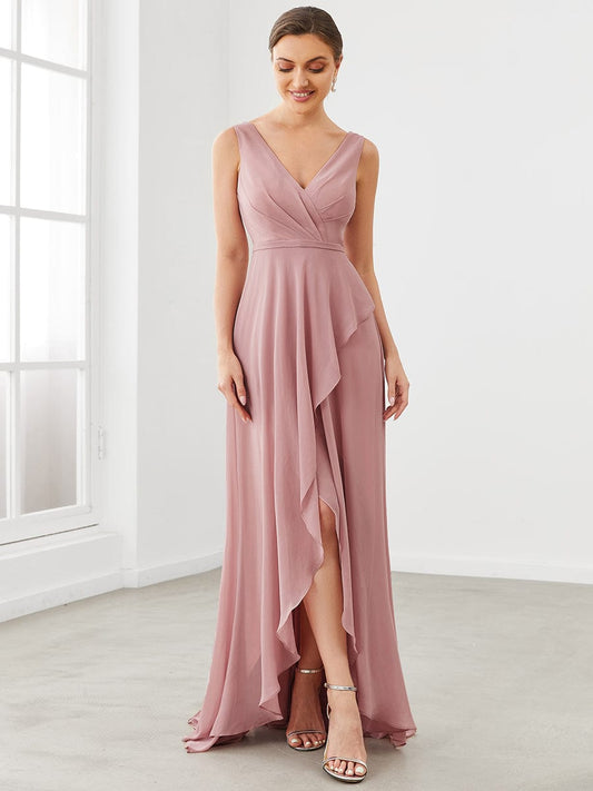 Weitese Chiffon Ruffled Hem Front Slit V-Neck Sleeveless Bridesmaid Dress