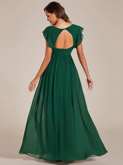 Weitese Back Cutout A-Line Pleated Ruffles Sleeve Chiffon Bridesmaid Dress