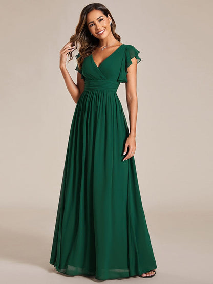 Weitese Back Cutout A-Line Pleated Ruffles Sleeve Chiffon Bridesmaid Dress